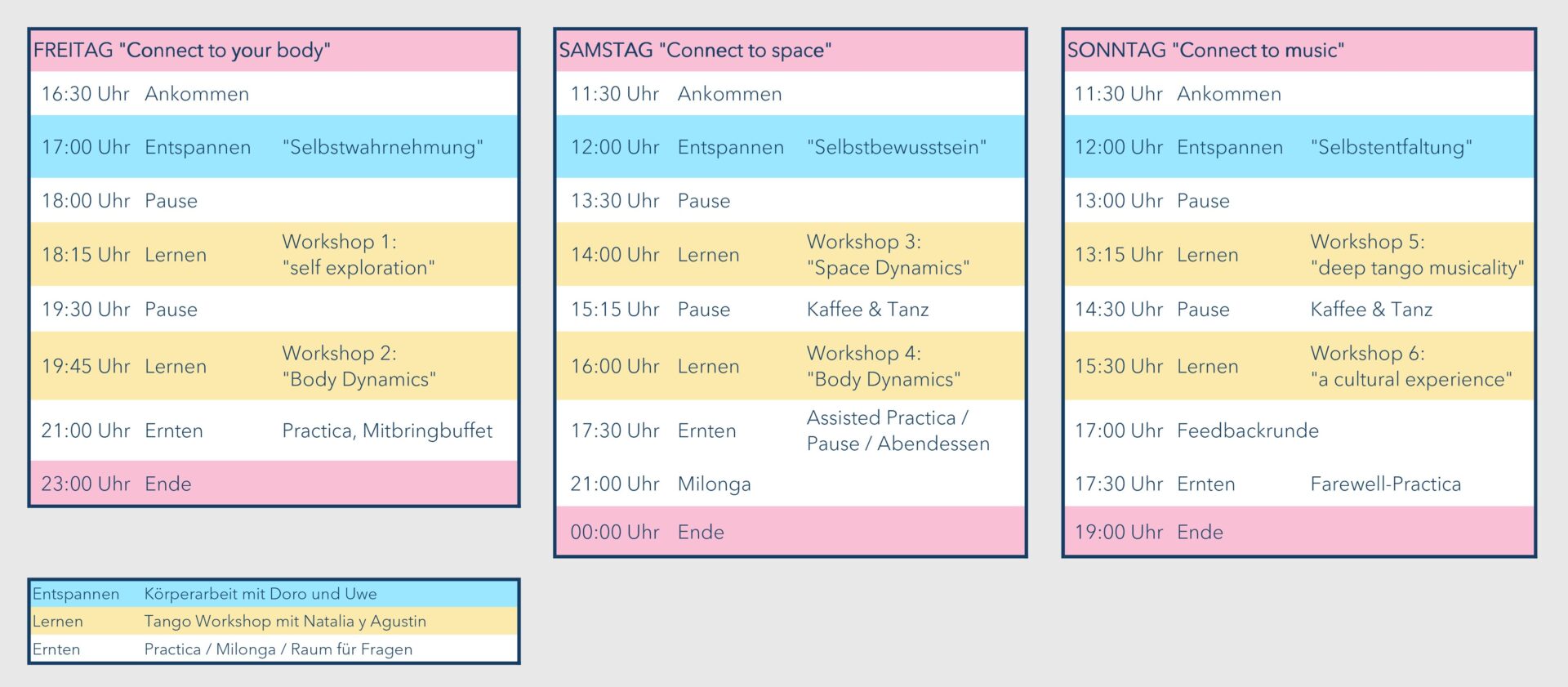 vorläufiger Zeitplan 23.-25. Oktober 2026 - von Fr. 16 Uhr bis So. 18 Uhr. Körperarbeit und Tango Workshops im Wechsel.